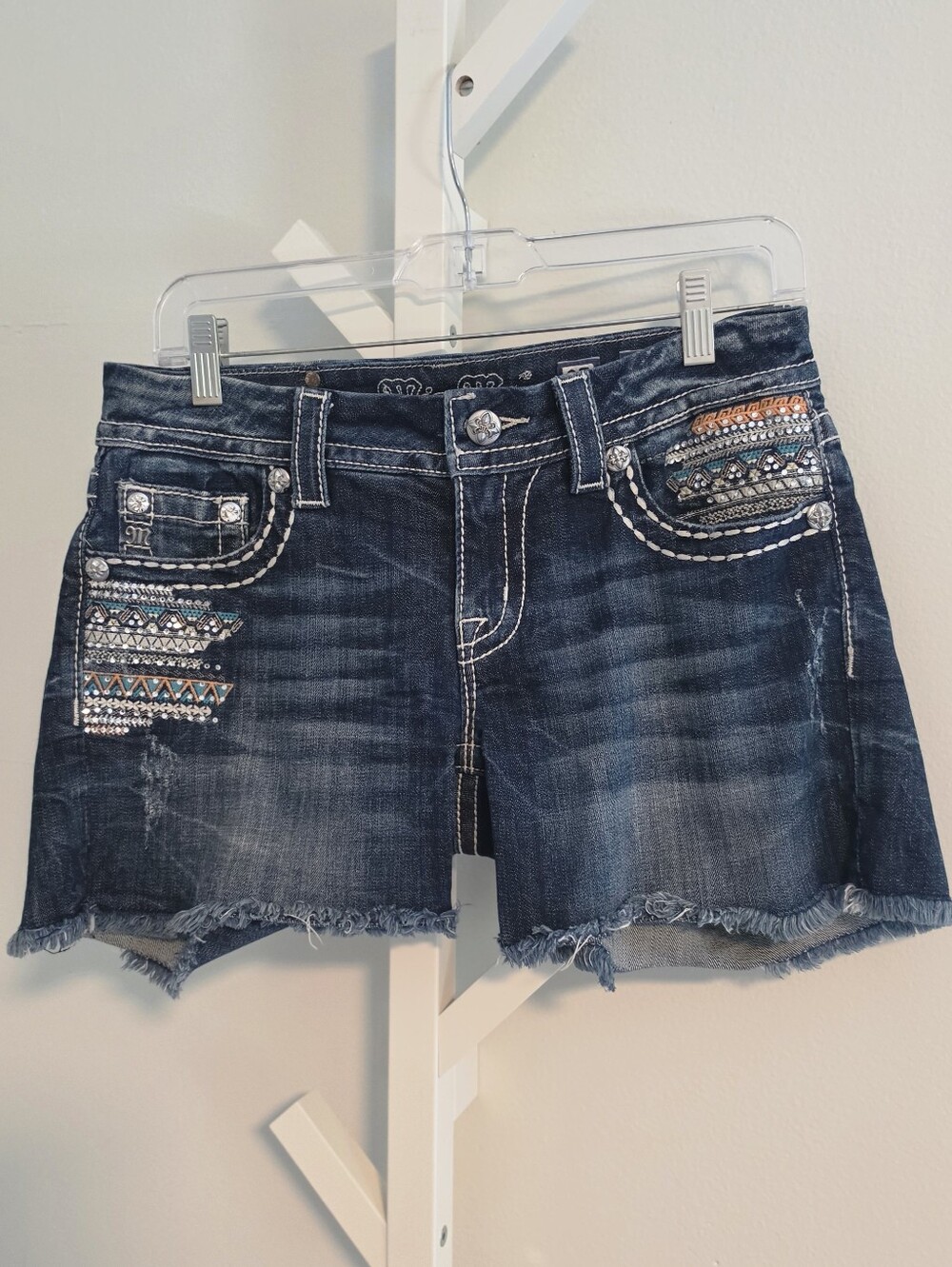 Miss Me Signature Aztec Bling Cutoff Denim Shorts Sz 27 Rhinestone